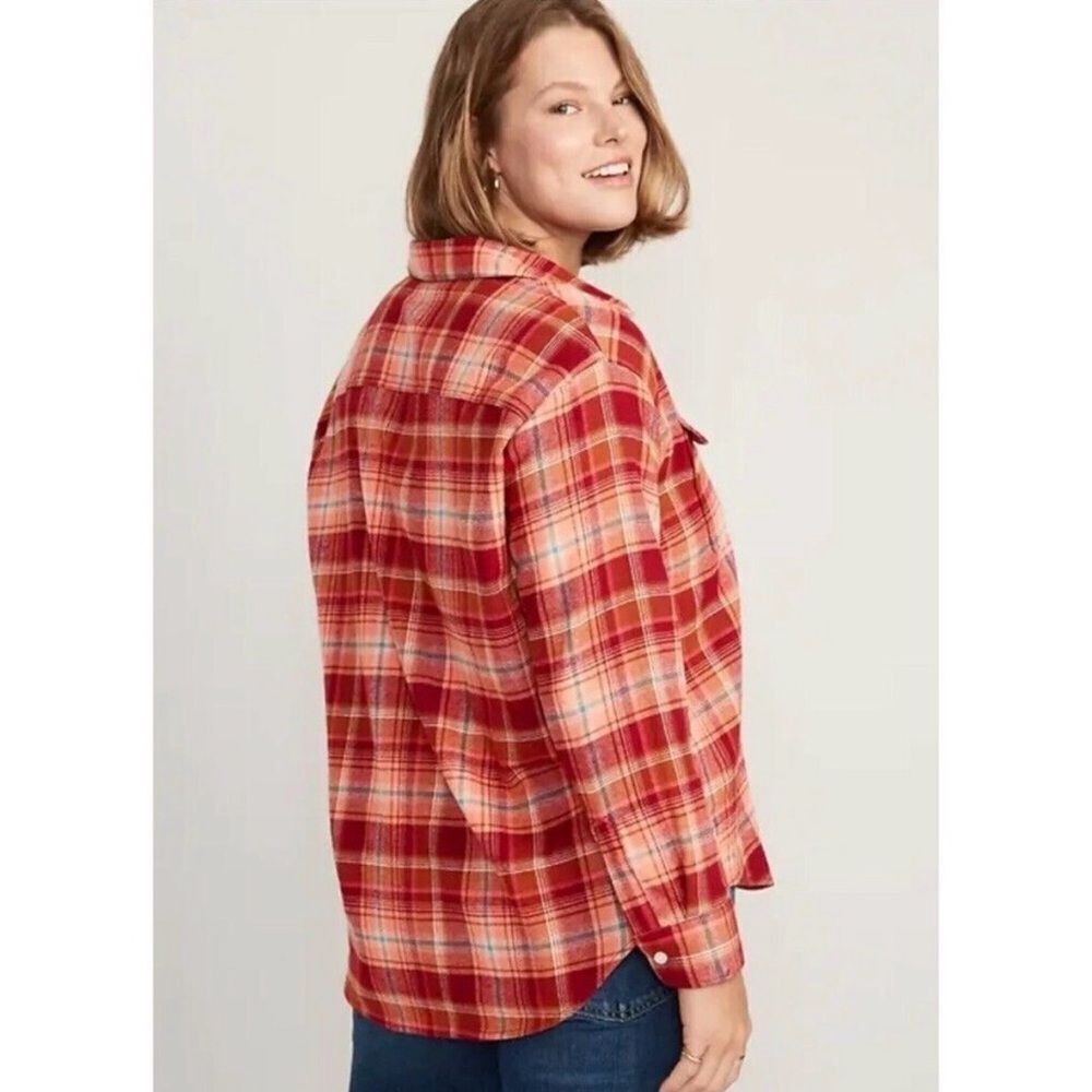 Old Navy Orange Red Long-Sleeve Tunic Boyfriend Plaid Flannel Shirt NWT 2X - Picture 3 of 16